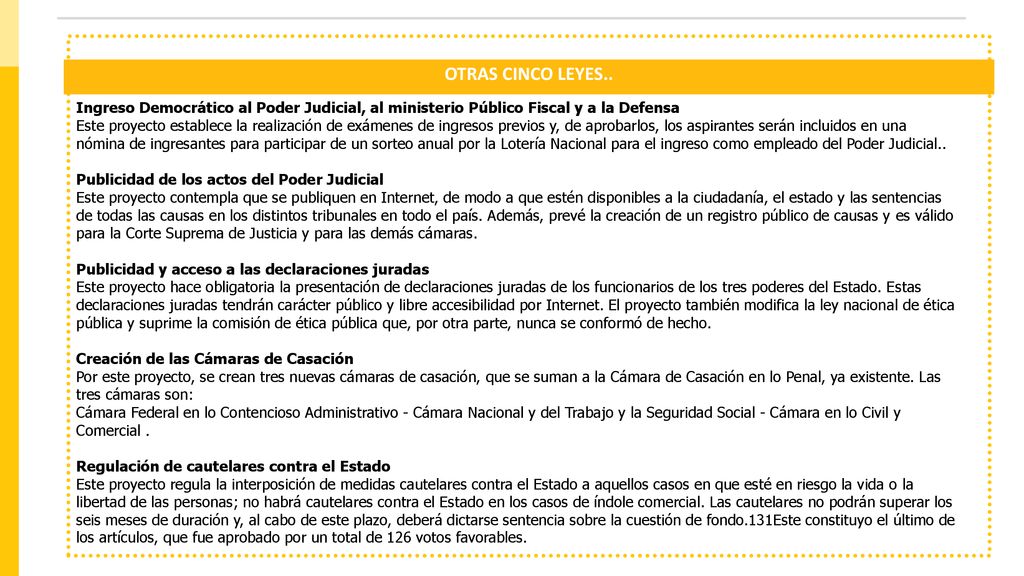 OTRAS CINCO LEYES.. Ingreso Democrático al Poder Judicial, al ministerio Público Fiscal y a la Defensa.