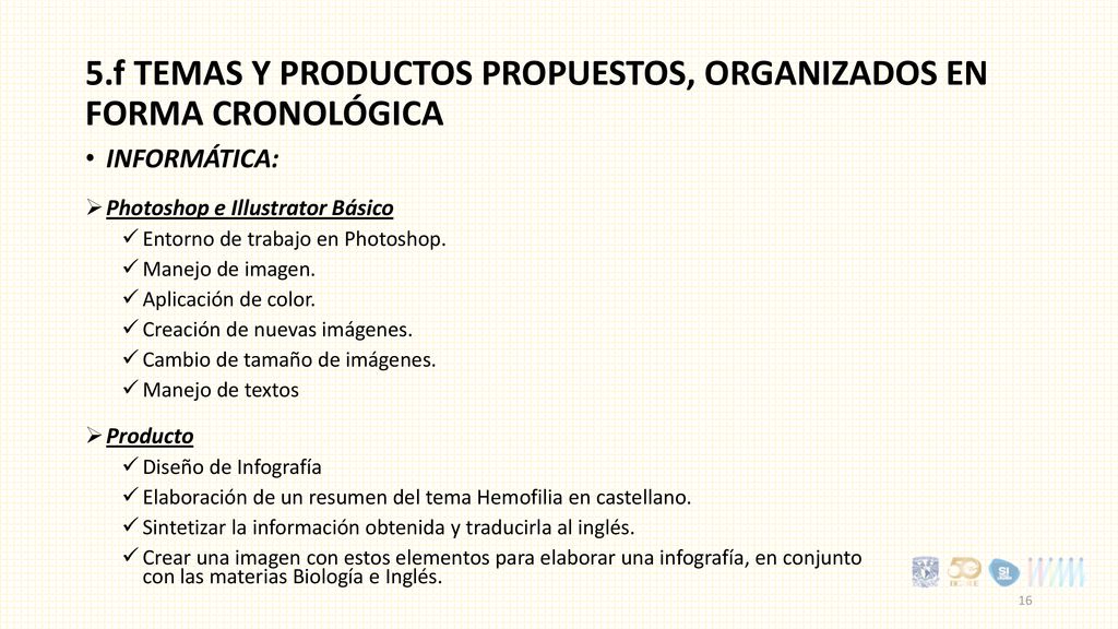 5.f Temas y productos propuestos, organizados en forma cronológica