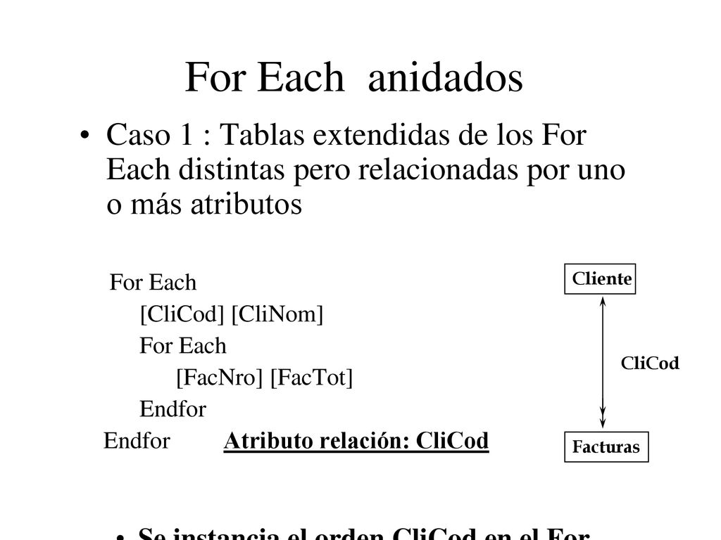 For Each anidados Caso 1 : Tablas extendidas de los For Each distintas pero relacionadas por uno o más atributos.