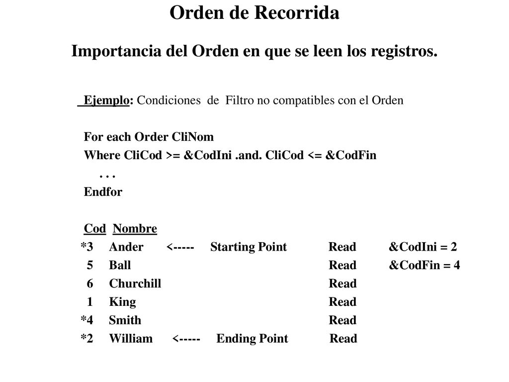 Orden de Recorrida Importancia del Orden en que se leen los registros.