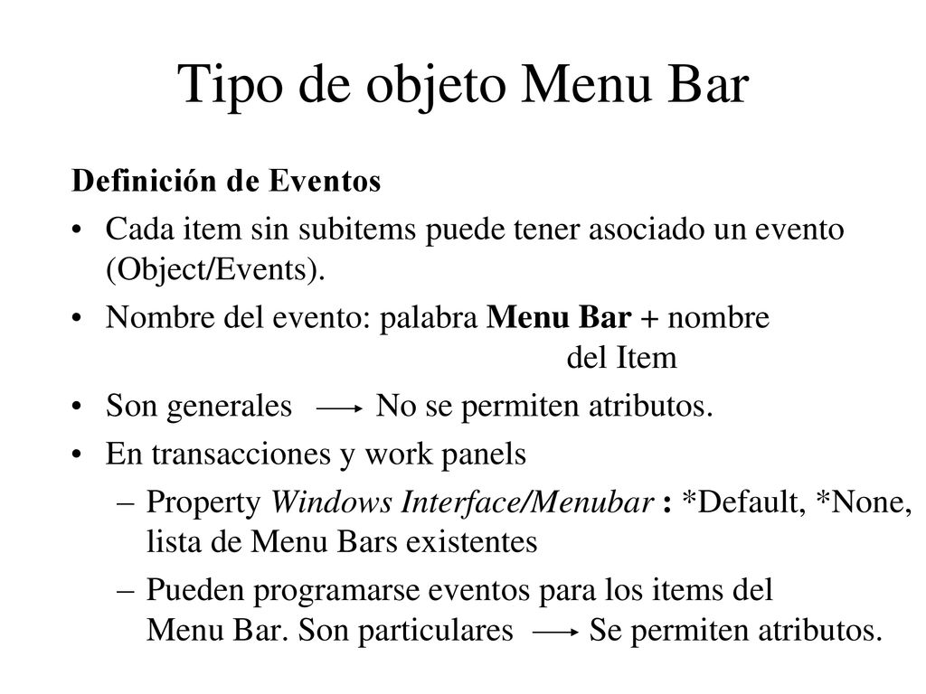 Tipo de objeto Menu Bar Definición de Eventos