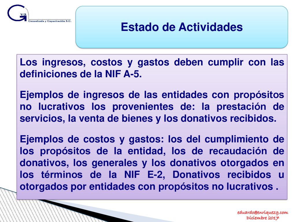 Estado de Actividades Los ingresos, costos y gastos deben cumplir con las definiciones de la NIF A-5.