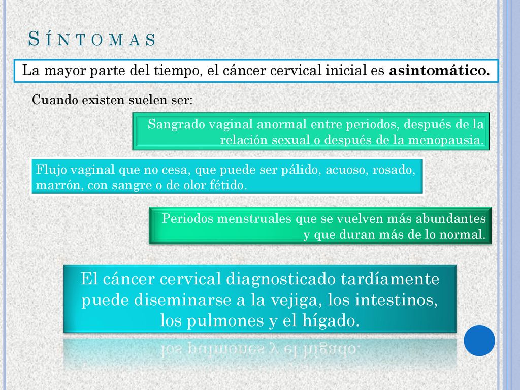 La mayor parte del tiempo, el cáncer cervical inicial es asintomático.