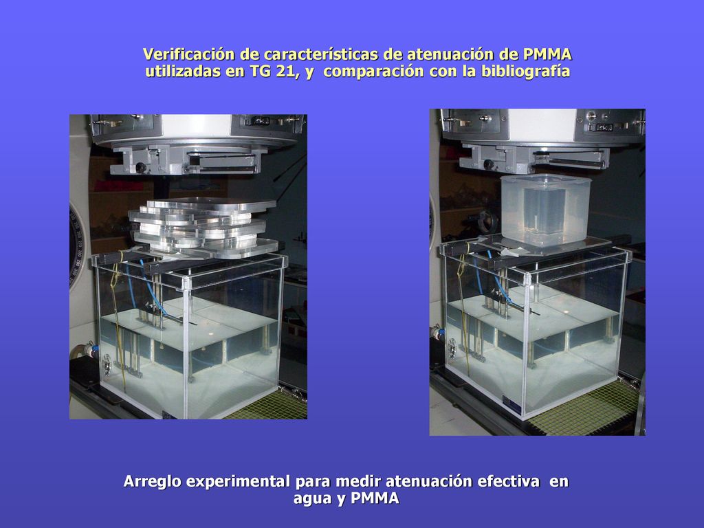 Arreglo experimental para medir atenuación efectiva en agua y PMMA