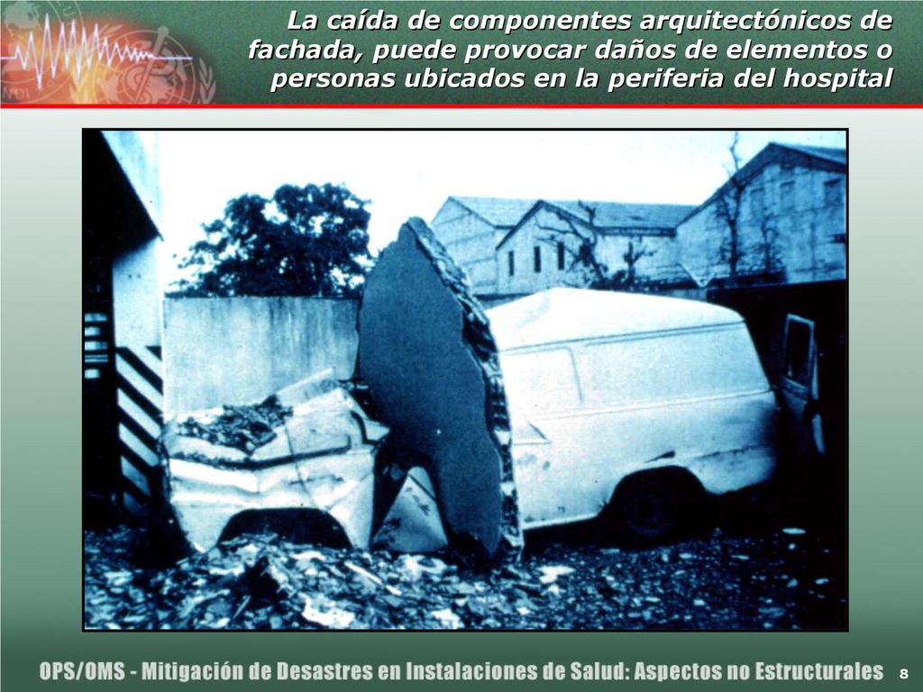 La caída de componentes arquitectónicos de fachada, puede provocar daños de elementos o personas ubicados en la periferia del hospital