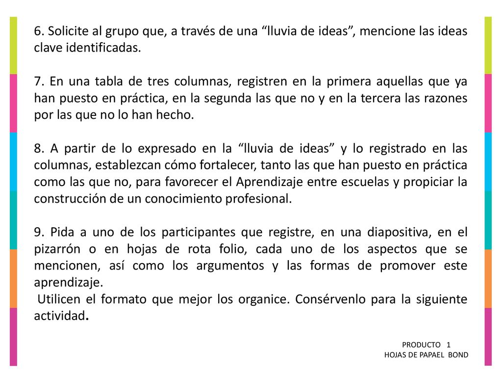 6. Solicite al grupo que, a través de una lluvia de ideas , mencione las ideas clave identificadas.