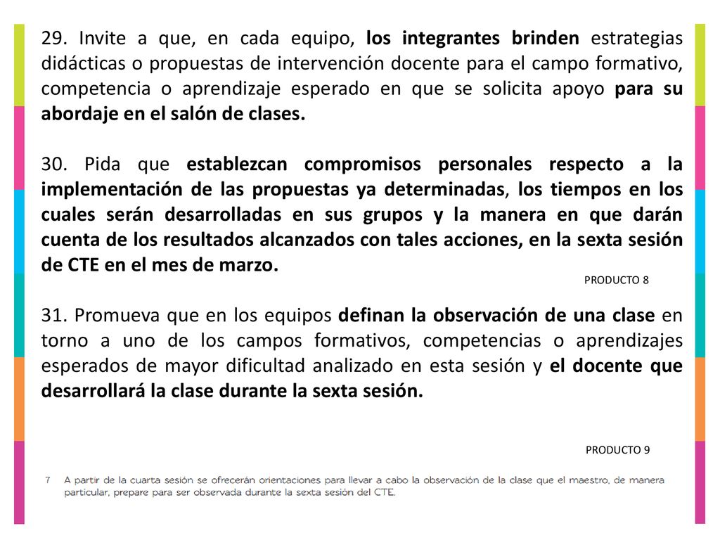 29. Invite a que, en cada equipo, los integrantes brinden estrategias didácticas o propuestas de intervención docente para el campo formativo, competencia o aprendizaje esperado en que se solicita apoyo para su abordaje en el salón de clases.