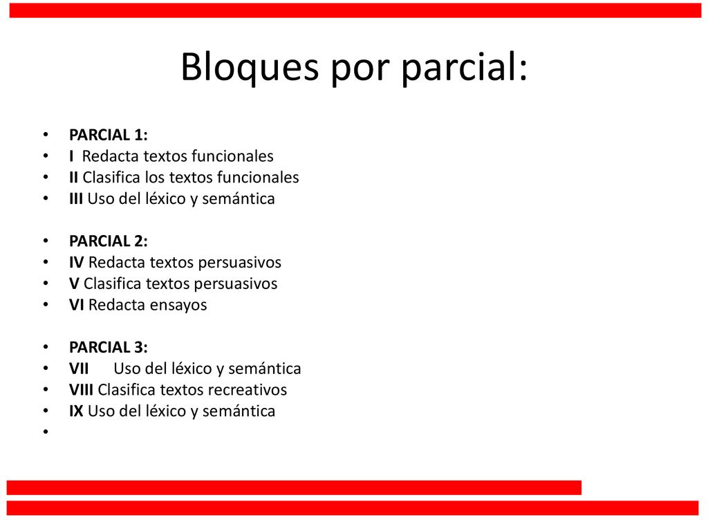 Bloques por parcial: PARCIAL 1: I Redacta textos funcionales