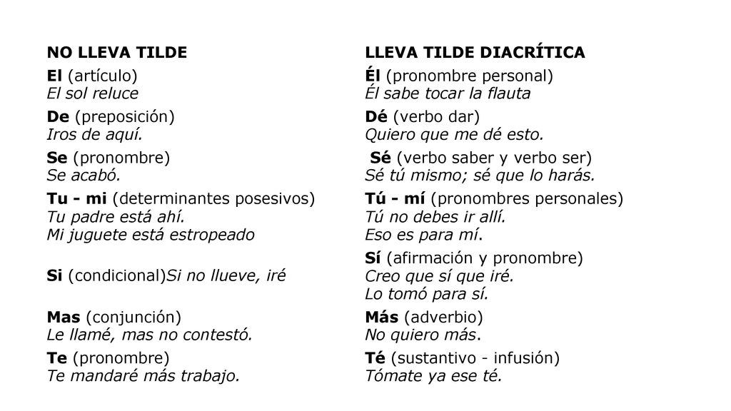 NO LLEVA TILDE LLEVA TILDE DIACRÍTICA. El (artículo) El sol reluce. Él (pronombre personal) Él sabe tocar la flauta.
