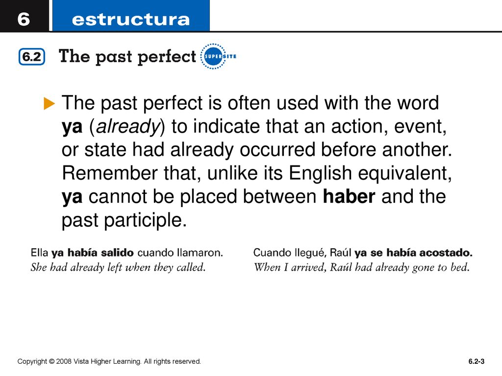 The past perfect is often used with the word ya (already) to indicate that an action, event, or state had already occurred before another. Remember that, unlike its English equivalent, ya cannot be placed between haber and the past participle.