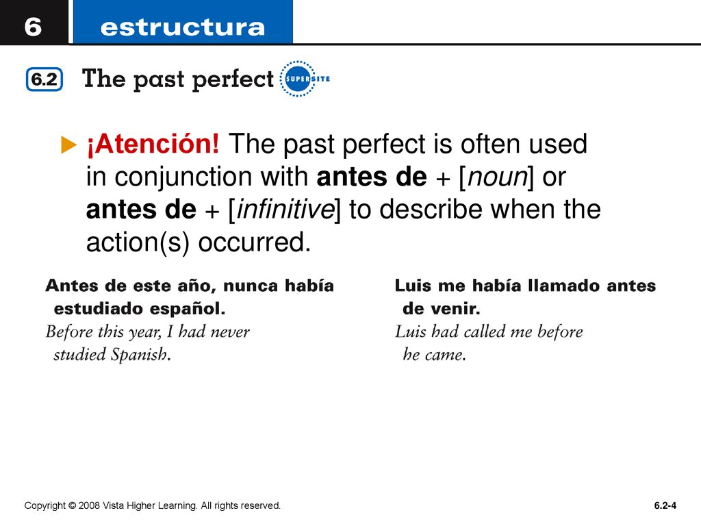 ¡Atención! The past perfect is often used in conjunction with antes de + [noun] or antes de + [infinitive] to describe when the action(s) occurred.