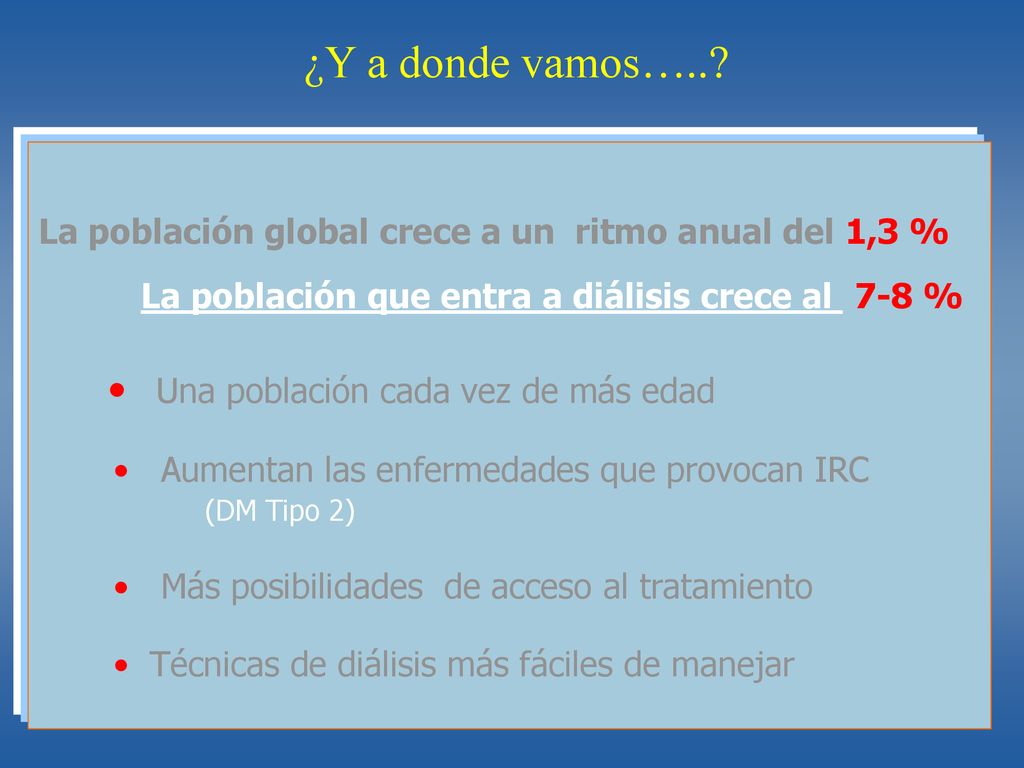 ¿Y a donde vamos….. La población global crece a un ritmo anual del 1,3 % La población que entra a diálisis crece al 7-8 %