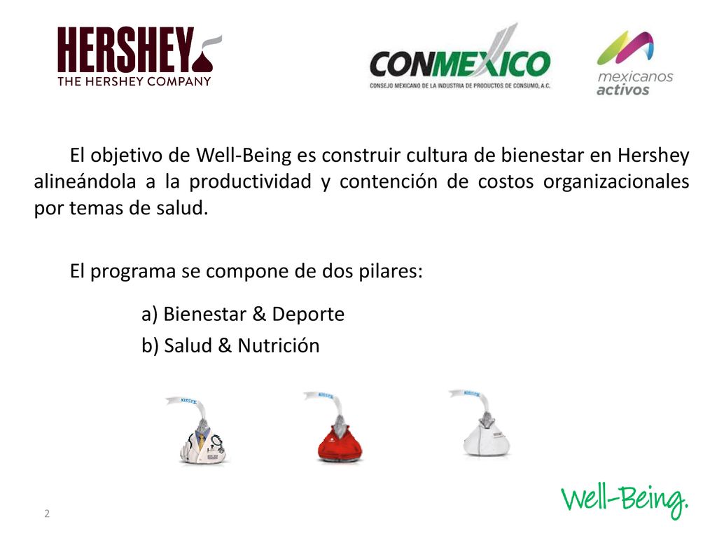 El objetivo de Well-Being es construir cultura de bienestar en Hershey alineándola a la productividad y contención de costos organizacionales por temas de salud.