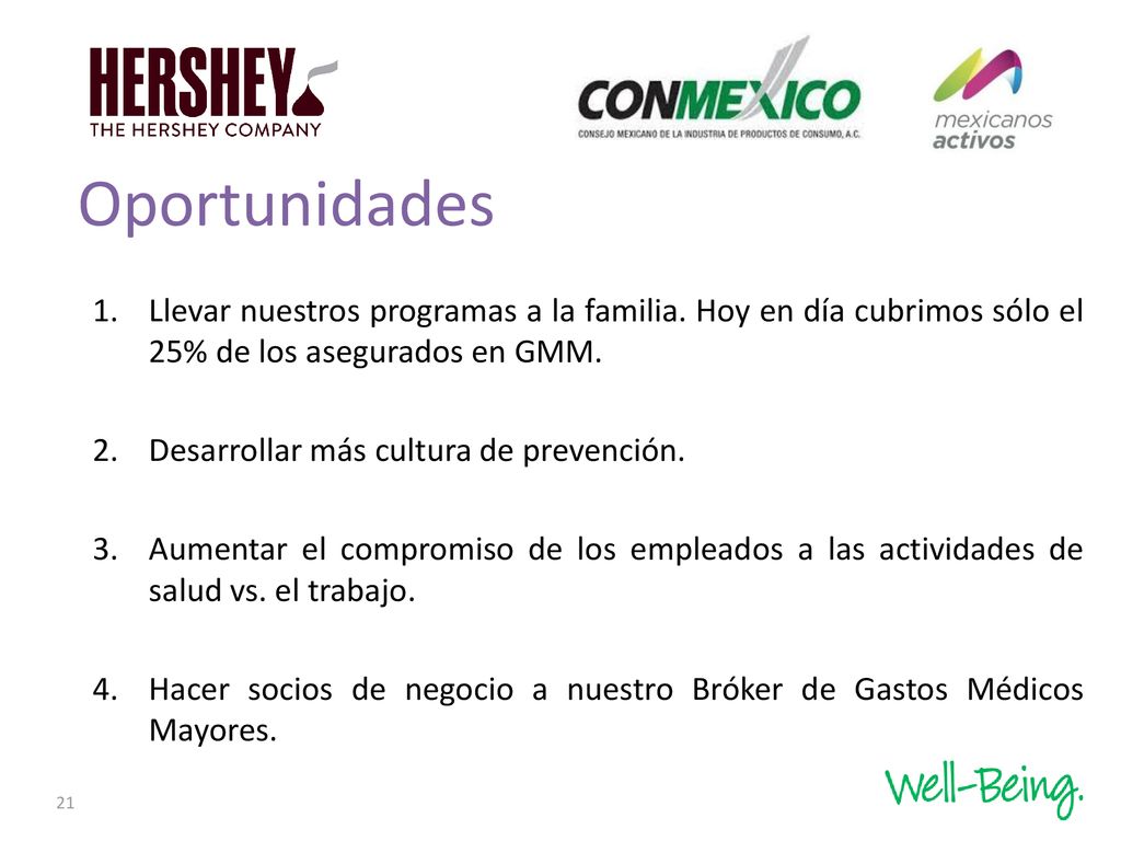 Oportunidades Llevar nuestros programas a la familia. Hoy en día cubrimos sólo el 25% de los asegurados en GMM.