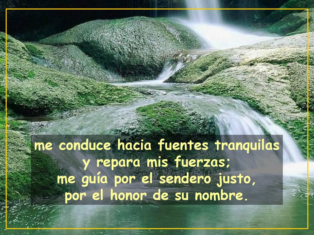 me conduce hacia fuentes tranquilas y repara mis fuerzas; me guía por el sendero justo, por el honor de su nombre.