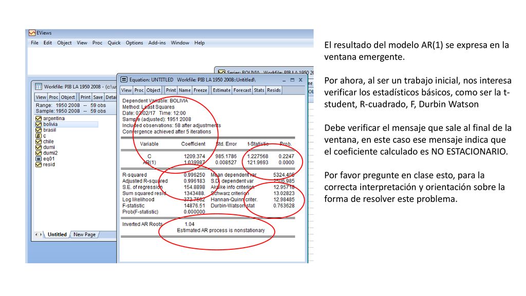 El resultado del modelo AR(1) se expresa en la ventana emergente.