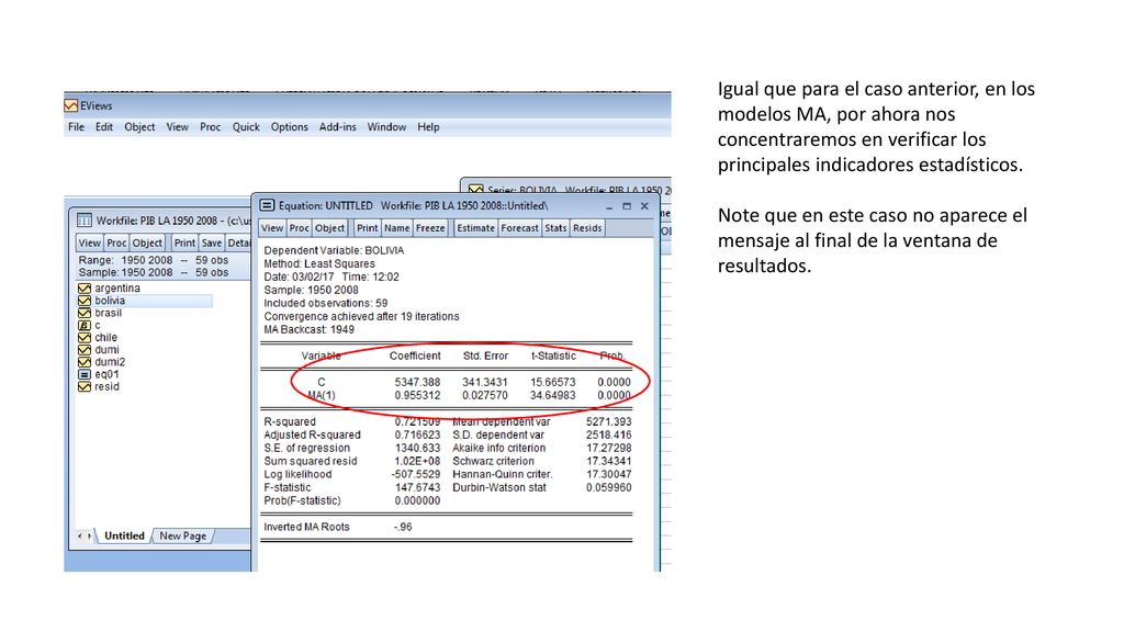 Igual que para el caso anterior, en los modelos MA, por ahora nos concentraremos en verificar los principales indicadores estadísticos.