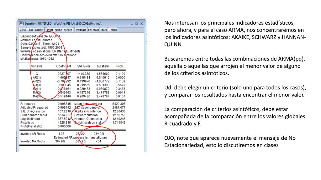 Nos interesan los principales indicadores estadísticos, pero ahora, y para el caso ARMA, nos concentraremos en los indicadores asintóticos: AKAIKE, SCHWARZ y HANNAN-QUINN