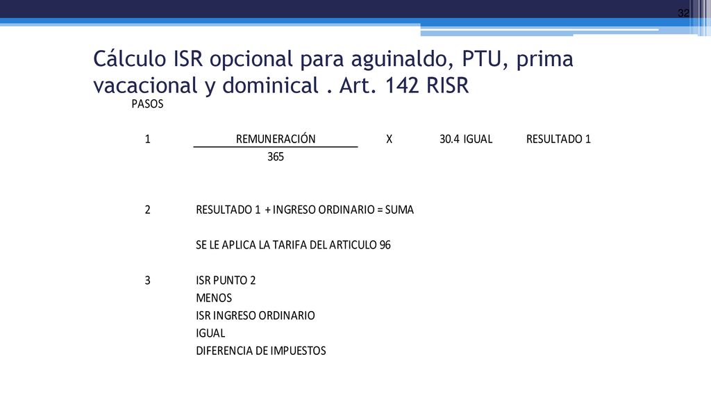 Cálculo ISR opcional para aguinaldo, PTU, prima vacacional y dominical