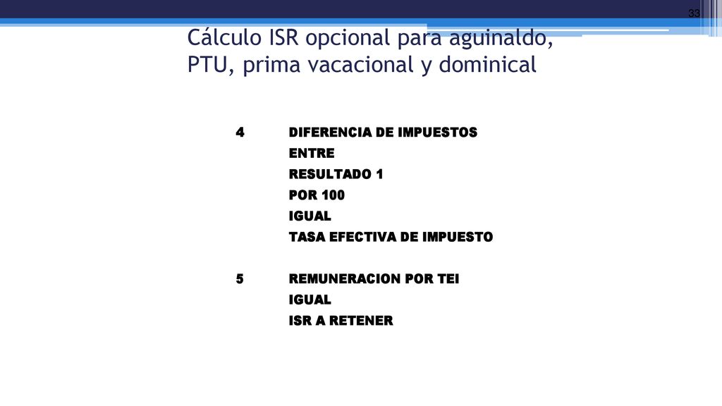 Cálculo ISR opcional para aguinaldo, PTU, prima vacacional y dominical