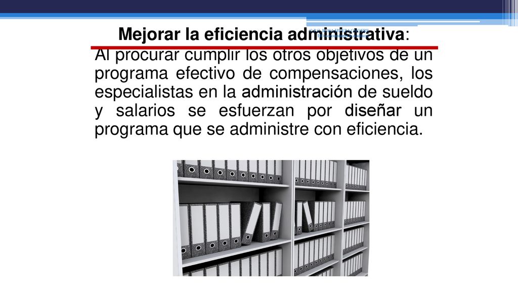 Mejorar la eficiencia administrativa: Al procurar cumplir los otros objetivos de un programa efectivo de compensaciones, los especialistas en la administración de sueldo y salarios se esfuerzan por diseñar un programa que se administre con eficiencia.