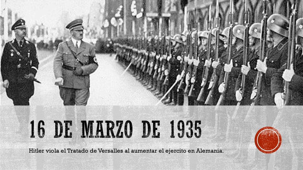 16 de marzo de 1935 Hitler viola el Tratado de Versalles al aumentar el ejercito en Alemania.