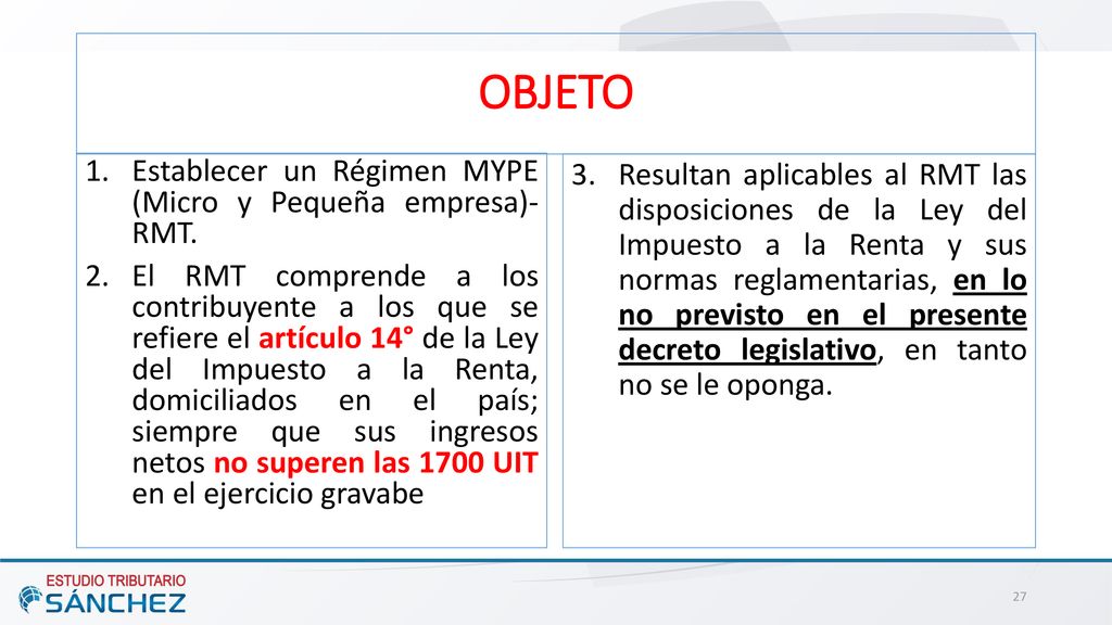 OBJETO Establecer un Régimen MYPE (Micro y Pequeña empresa)- RMT.
