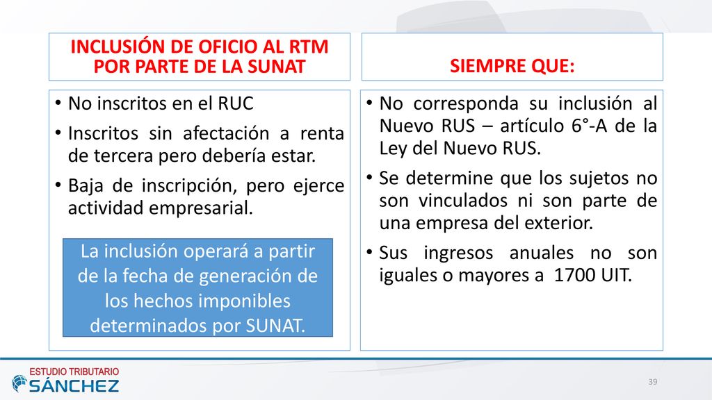 INCLUSIÓN DE OFICIO AL RTM POR PARTE DE LA SUNAT
