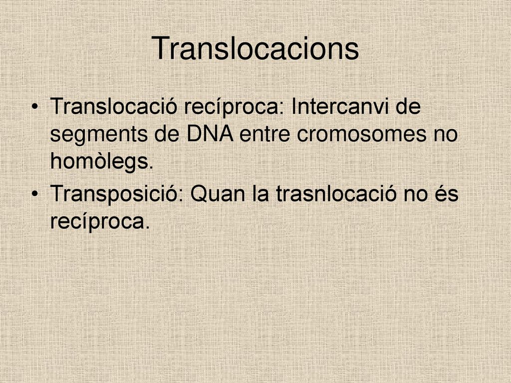 Translocacions Translocació recíproca: Intercanvi de segments de DNA entre cromosomes no homòlegs.