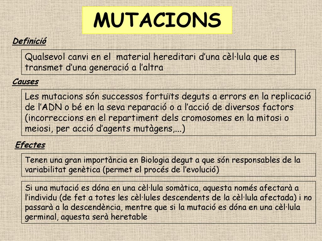 MUTACIONS Definició. Qualsevol canvi en el material hereditari d’una cèl·lula que es transmet d’una generació a l’altra.