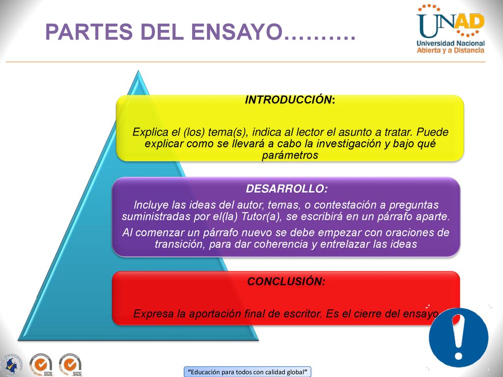 Expresa la aportación final de escritor. Es el cierre del ensayo