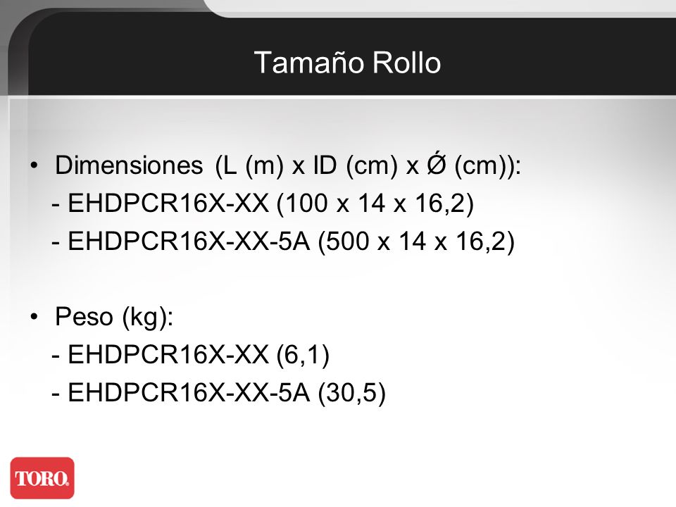 Tamaño Rollo Dimensiones (L (m) x ID (cm) x Ǿ (cm)):