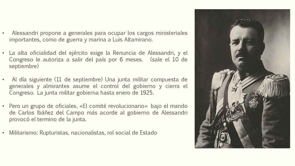 Alessandri propone a generales para ocupar los cargos ministeriales importantes, como de guerra y marina a Luis Altamirano.