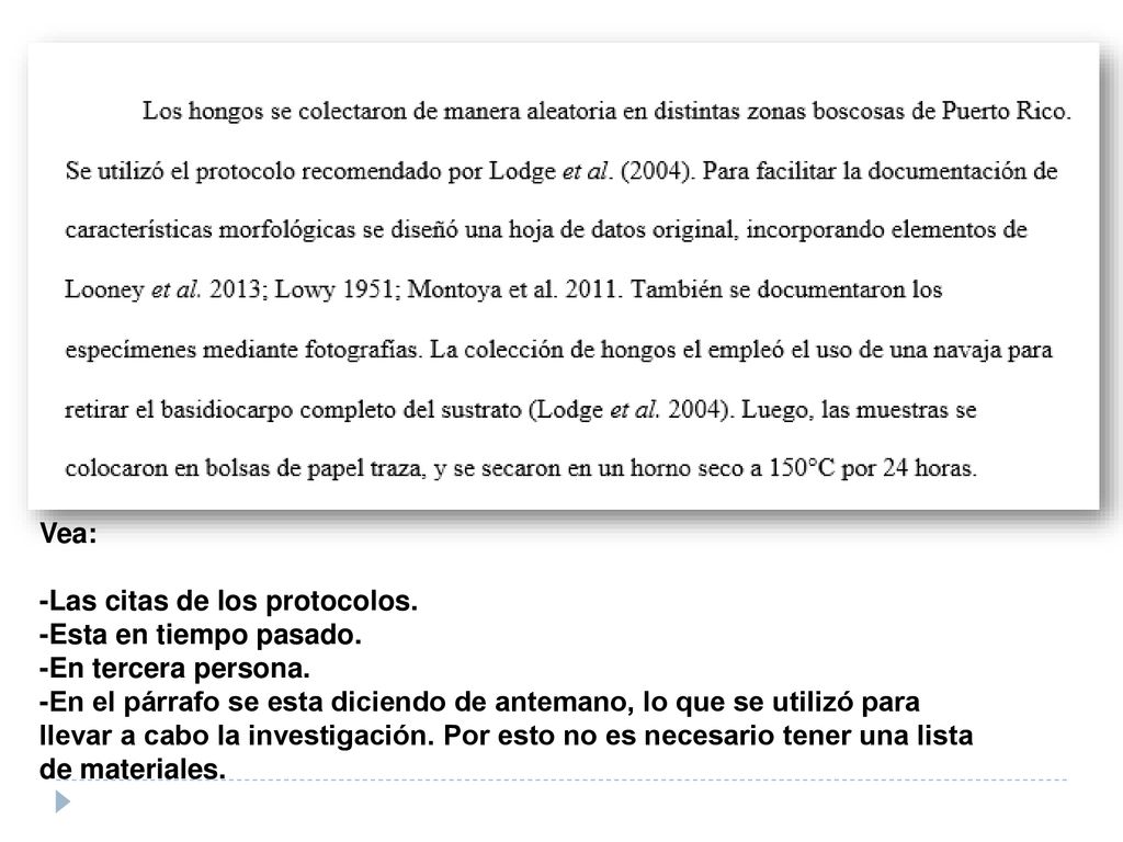 Vea: -Las citas de los protocolos. -Esta en tiempo pasado. -En tercera persona.