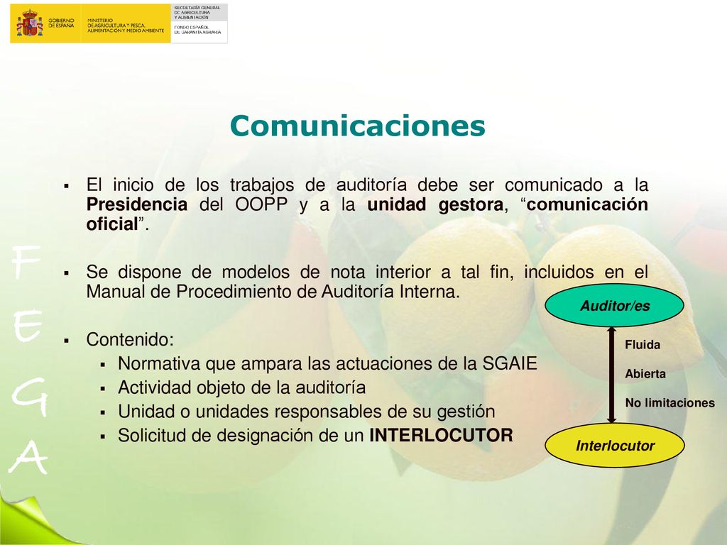 Comunicaciones El inicio de los trabajos de auditoría debe ser comunicado a la Presidencia del OOPP y a la unidad gestora, comunicación oficial .