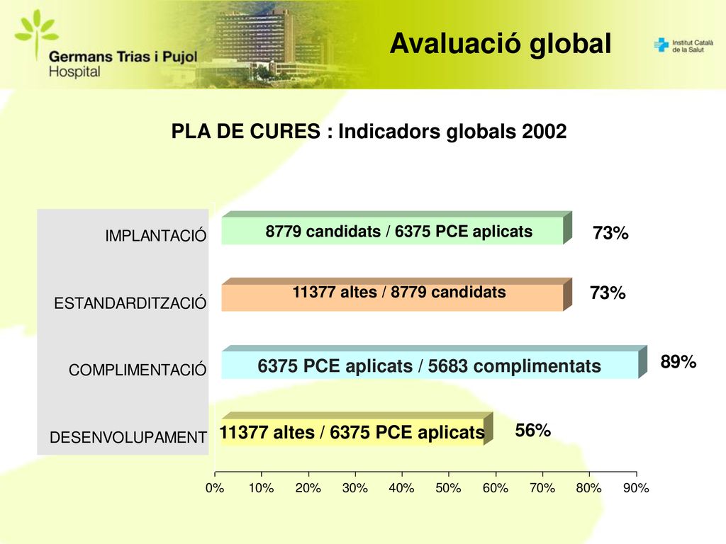 Avaluació global PLA DE CURES : Indicadors globals % 73% 89%