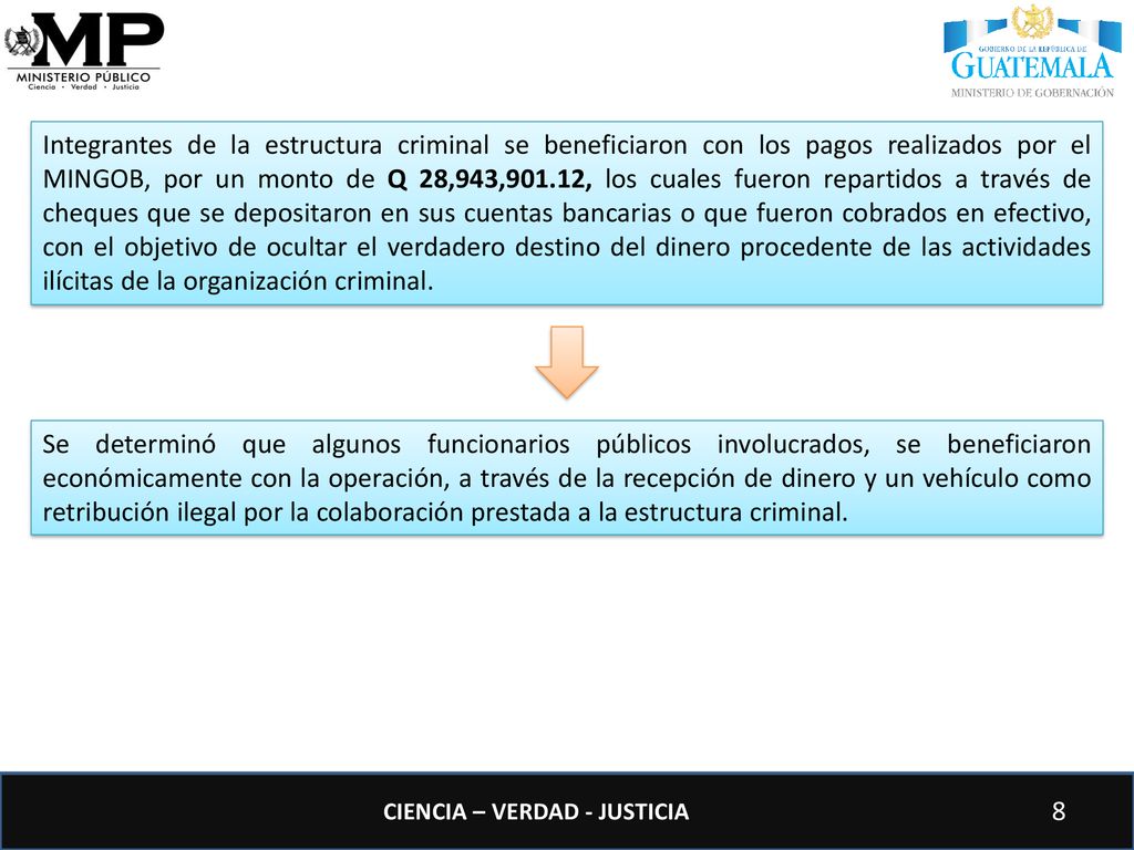 Integrantes de la estructura criminal se beneficiaron con los pagos realizados por el MINGOB, por un monto de Q 28,943,901.12, los cuales fueron repartidos a través de cheques que se depositaron en sus cuentas bancarias o que fueron cobrados en efectivo, con el objetivo de ocultar el verdadero destino del dinero procedente de las actividades ilícitas de la organización criminal.