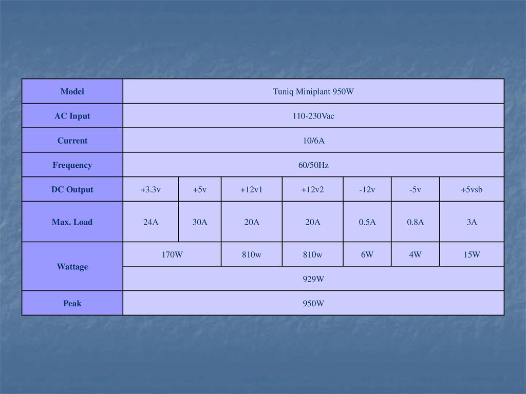 Model Tuniq Miniplant 950W. AC Input Vac. Current. 10/6A. Frequency. 60/50Hz. DC Output.
