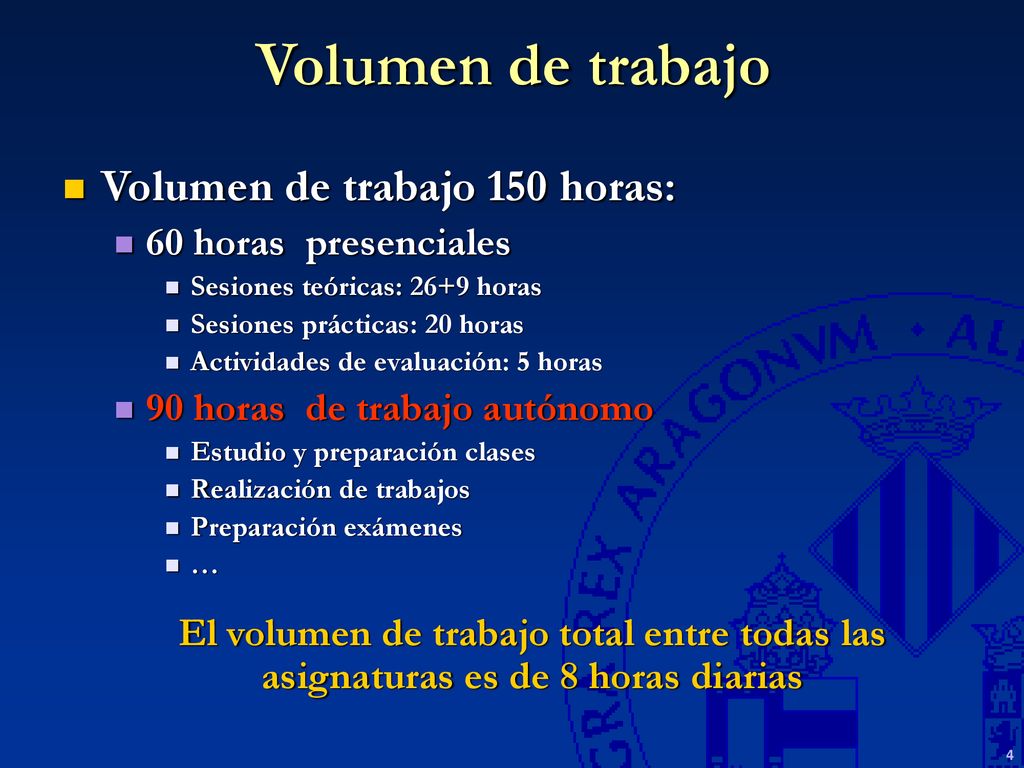Volumen de trabajo Volumen de trabajo 150 horas: 60 horas presenciales