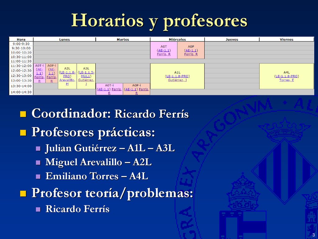 Horarios y profesores Coordinador: Ricardo Ferrís
