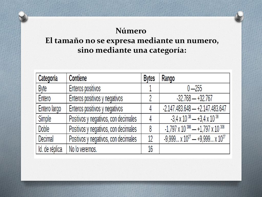 Número El tamaño no se expresa mediante un numero, sino mediante una categoría: