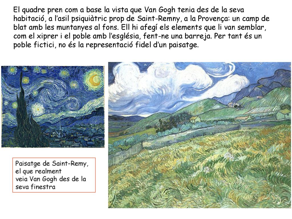 El quadre pren com a base la vista que Van Gogh tenia des de la seva habitació, a l’asil psiquiàtric prop de Saint-Remny, a la Provença: un camp de blat amb les muntanyes al fons. Ell hi afegí els elements que li van semblar, com el xiprer i el poble amb l’església, fent-ne una barreja. Per tant és un poble fictici, no és la representació fidel d’un paisatge.