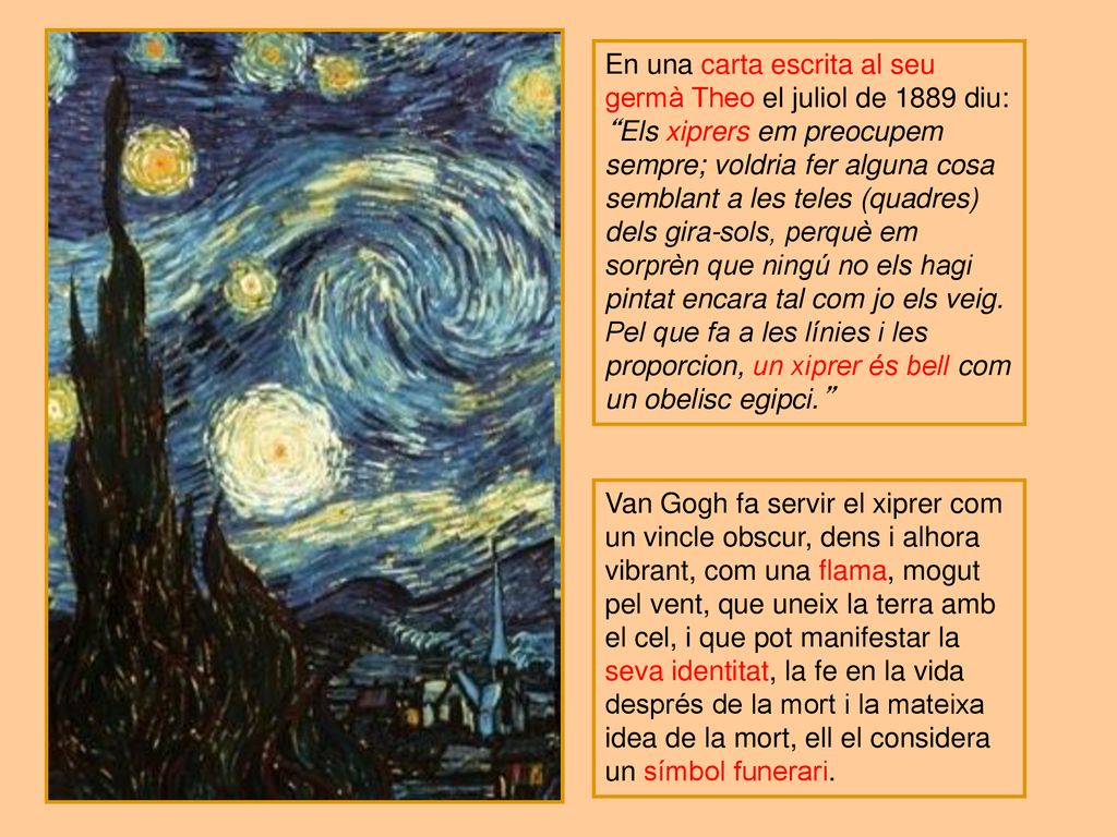 En una carta escrita al seu germà Theo el juliol de 1889 diu: Els xiprers em preocupem sempre; voldria fer alguna cosa semblant a les teles (quadres) dels gira-sols, perquè em sorprèn que ningú no els hagi pintat encara tal com jo els veig. Pel que fa a les línies i les proporcion, un xiprer és bell com un obelisc egipci.