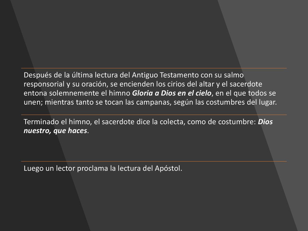 Después de la última lectura del Antiguo Testamento con su salmo responsorial y su oración, se encienden los cirios del altar y el sacerdote entona solemnemente el himno Gloria a Dios en el cielo, en el que todos se unen; mientras tanto se tocan las campanas, según las costumbres del lugar.