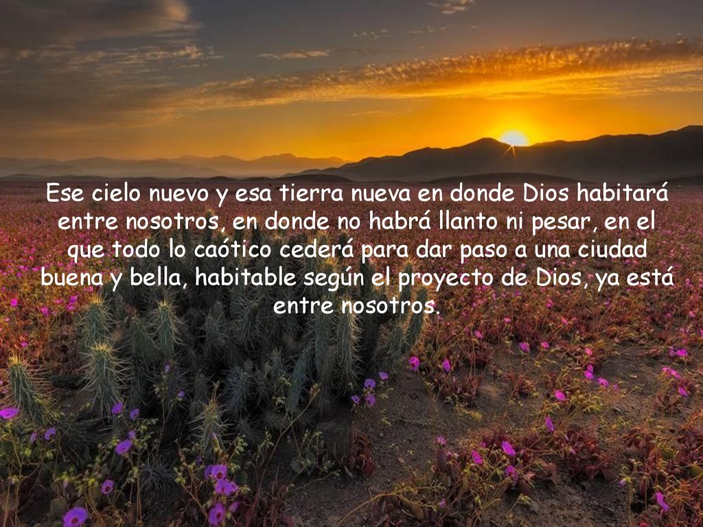 Ese cielo nuevo y esa tierra nueva en donde Dios habitará entre nosotros, en donde no habrá llanto ni pesar, en el que todo lo caótico cederá para dar paso a una ciudad buena y bella, habitable según el proyecto de Dios, ya está entre nosotros.