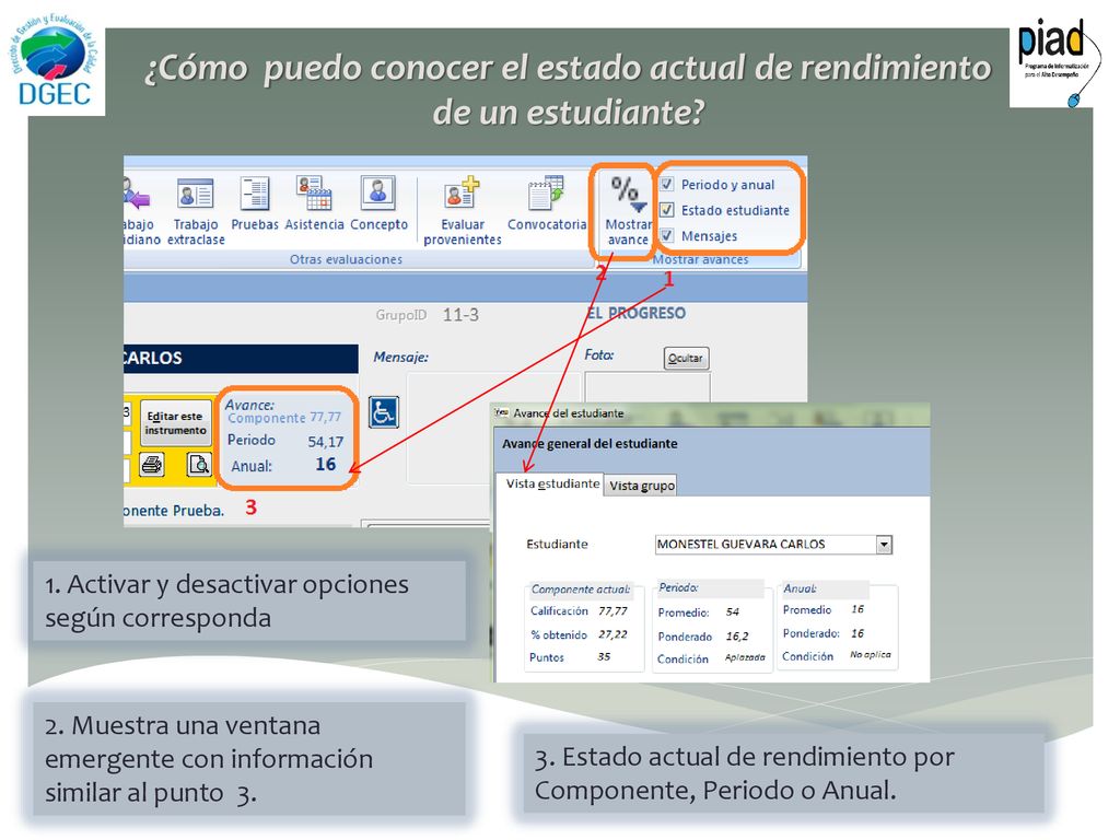 ¿Cómo puedo conocer el estado actual de rendimiento de un estudiante