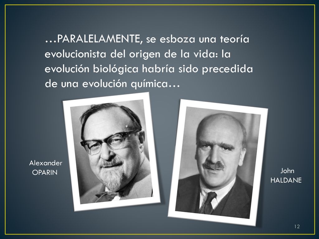…PARALELAMENTE, se esboza una teoría evolucionista del origen de la vida: la evolución biológica habría sido precedida de una evolución química…