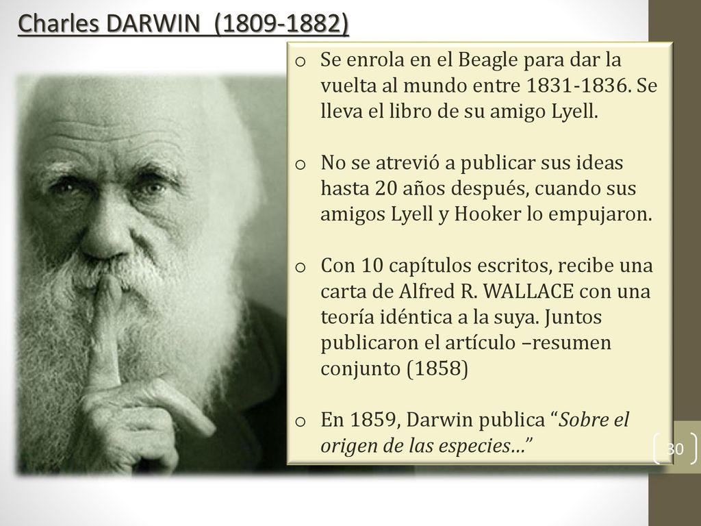 Charles DARWIN ( ) Se enrola en el Beagle para dar la vuelta al mundo entre Se lleva el libro de su amigo Lyell.