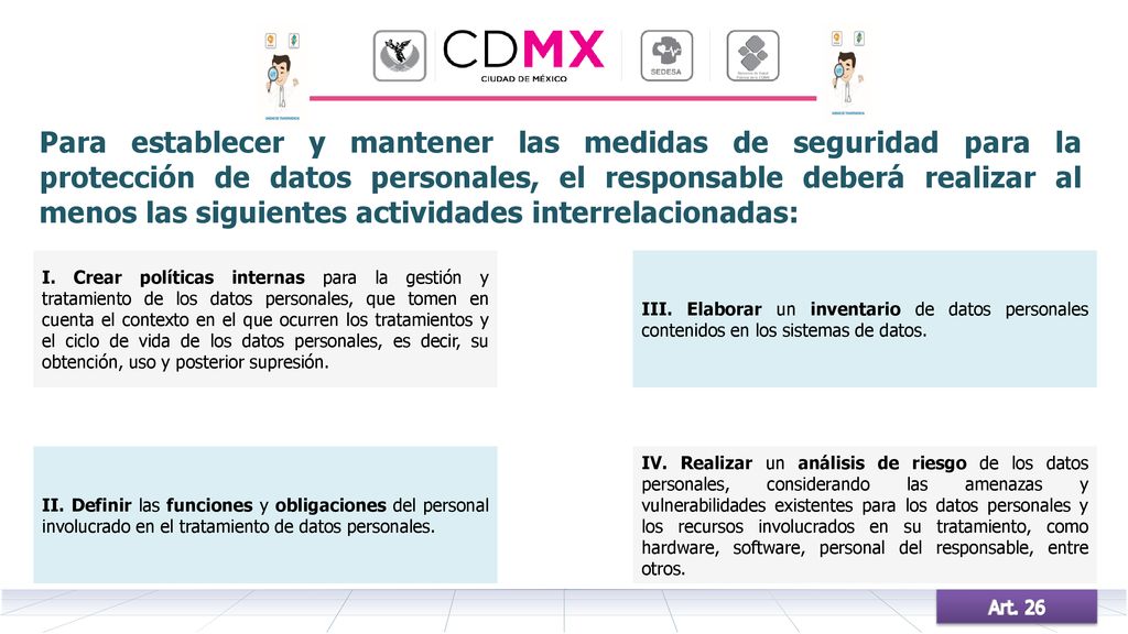 Para establecer y mantener las medidas de seguridad para la protección de datos personales, el responsable deberá realizar al menos las siguientes actividades interrelacionadas: