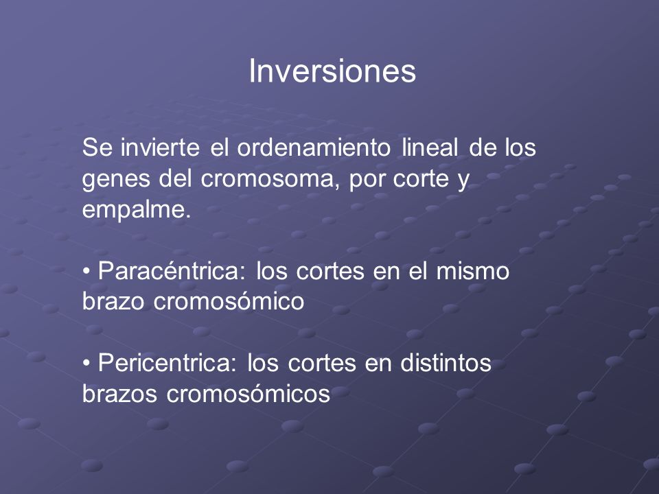 Inversiones Se invierte el ordenamiento lineal de los genes del cromosoma, por corte y empalme.